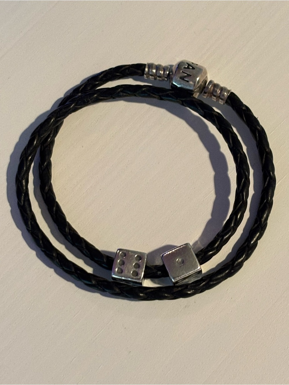Pandora Black Braided Leather Wrap Bracelet with Silver Dice and Cube Charms